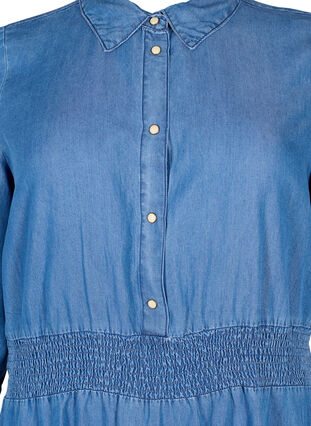Mjuk jeansklänning med 3/4-ärmar och smock, Blue denim, Packshot image number 2