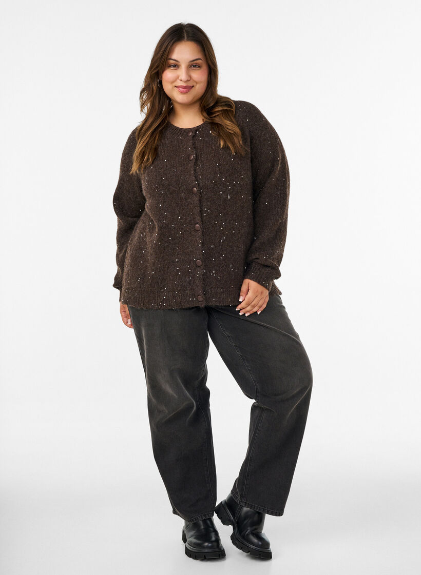 Cardigan med paljetter och knappar, Brun, Model image number 1