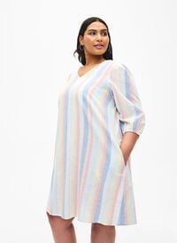 Kort klänning i bomullsblandning med linne, Multi Color Stripe, Model