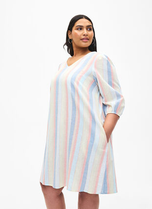 Kort klänning i bomullsblandning med linne, Multi Color Stripe, Model image number 0