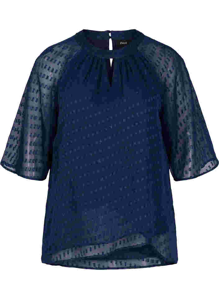 Blus i mönstrad chiffong med halvlånga ärmar , Evening Blue, Packshot image number 0