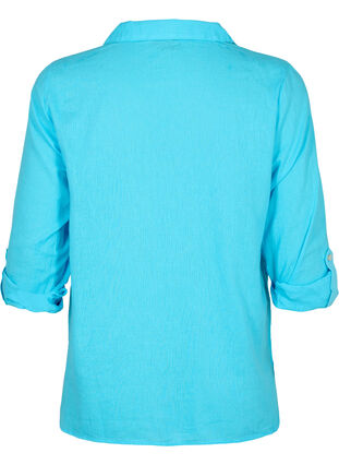 Skjortblus med knäppning i en blandning av bomull och linne, Blue Atoll, Packshot image number 1