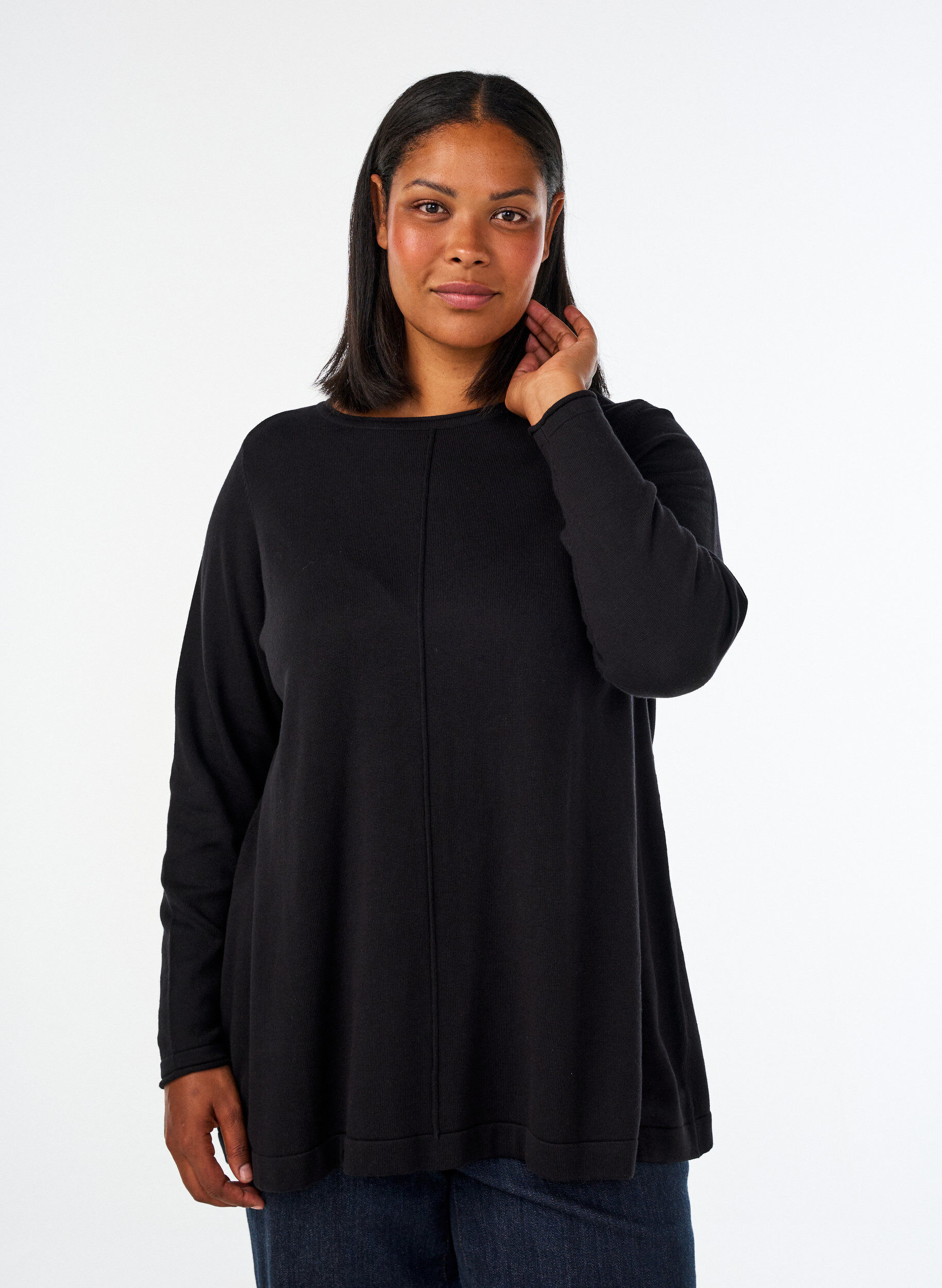 Stickad blus i bomull-viskosblandning, Svart, Model