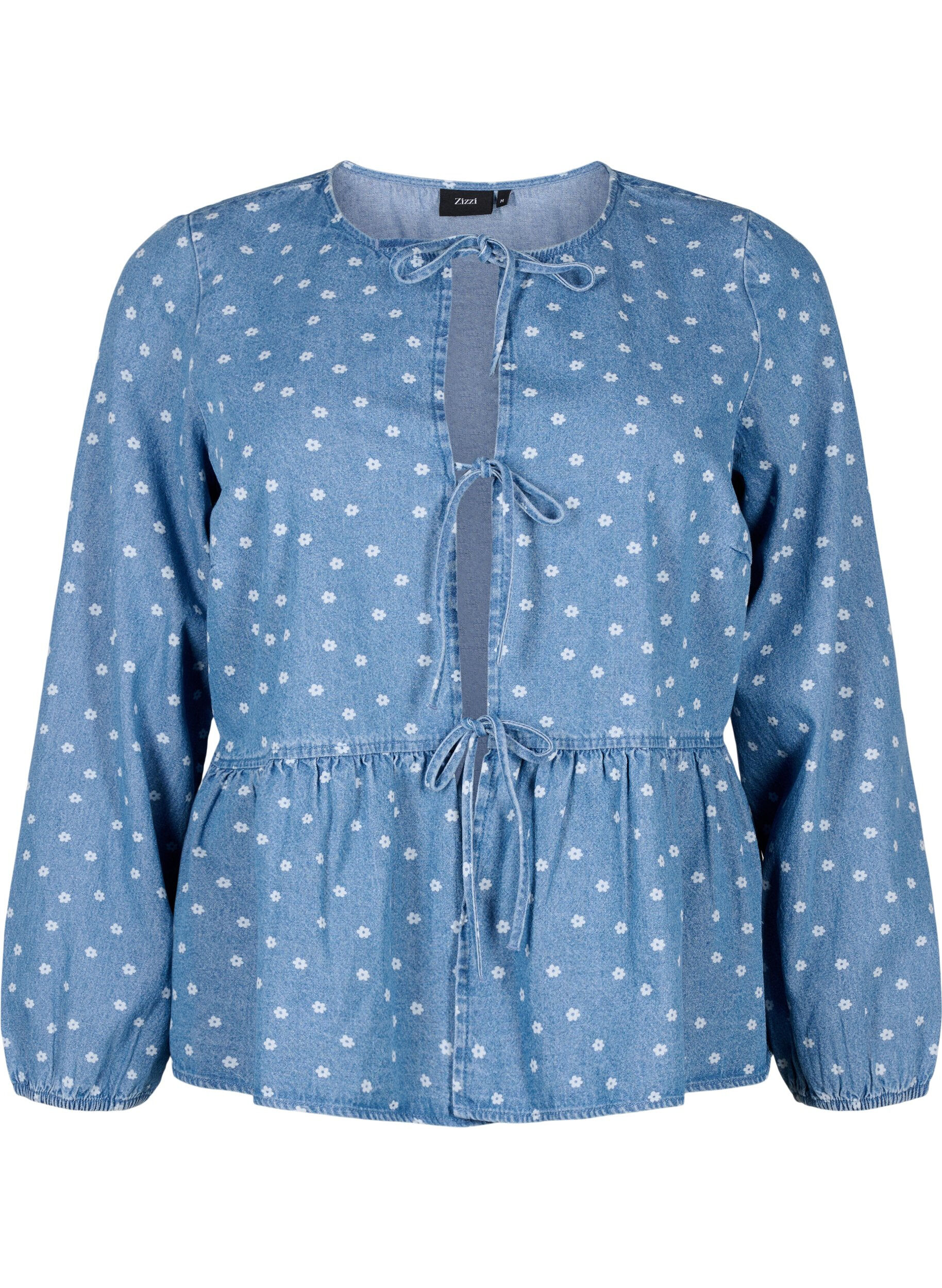 Zizzi Peplum denimblus med knytband, Light Blue w.Flowers, Packshot image number 0