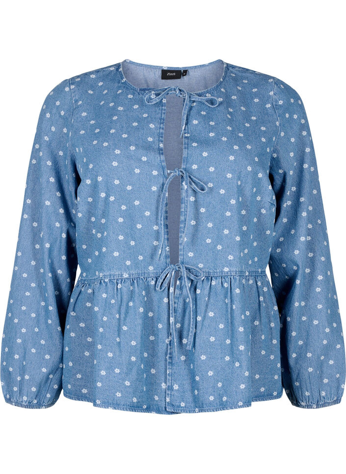 Peplum denimblus med knytband, Light Blue w.Flowers, Packshot image number 0