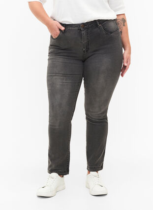 Slim fit Emily jeans med normalhög midja, Dark Grey Denim, Model image number 2