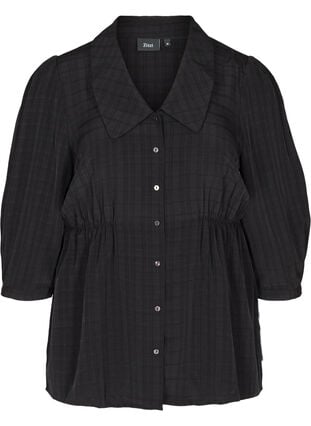 Skjorta med 3/4 puffärmar och krage, Black, Packshot image number 0