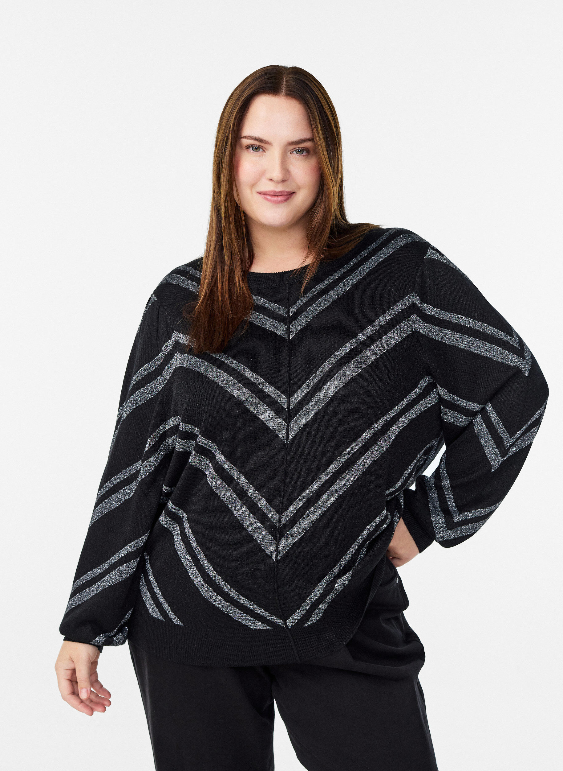 M&ouml;nstrad stickad blus med glittereffekt, Svart, Model