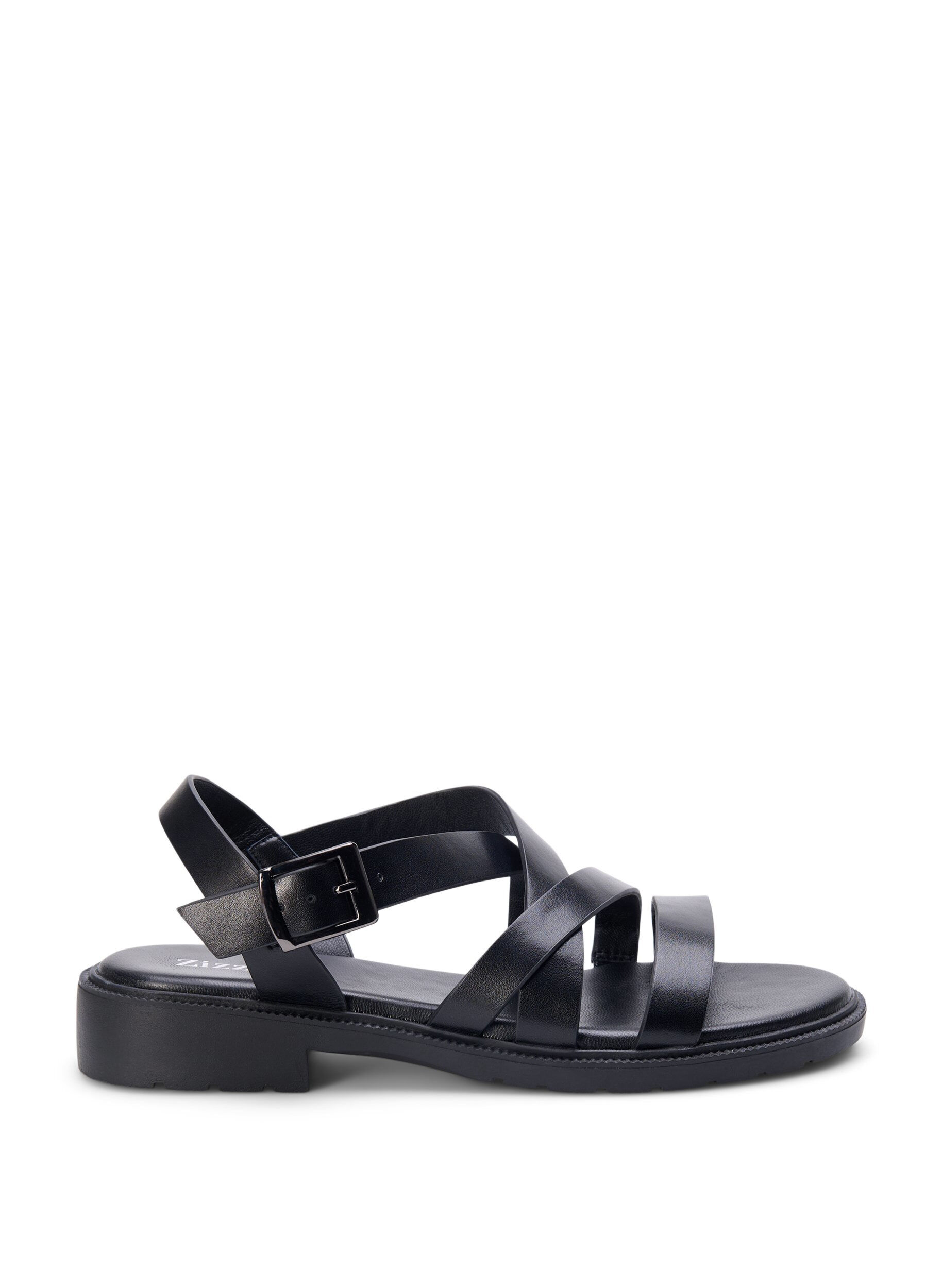 Zizzi Sommarsandal i l&auml;der med bred passform, Black, Packshot image number 0