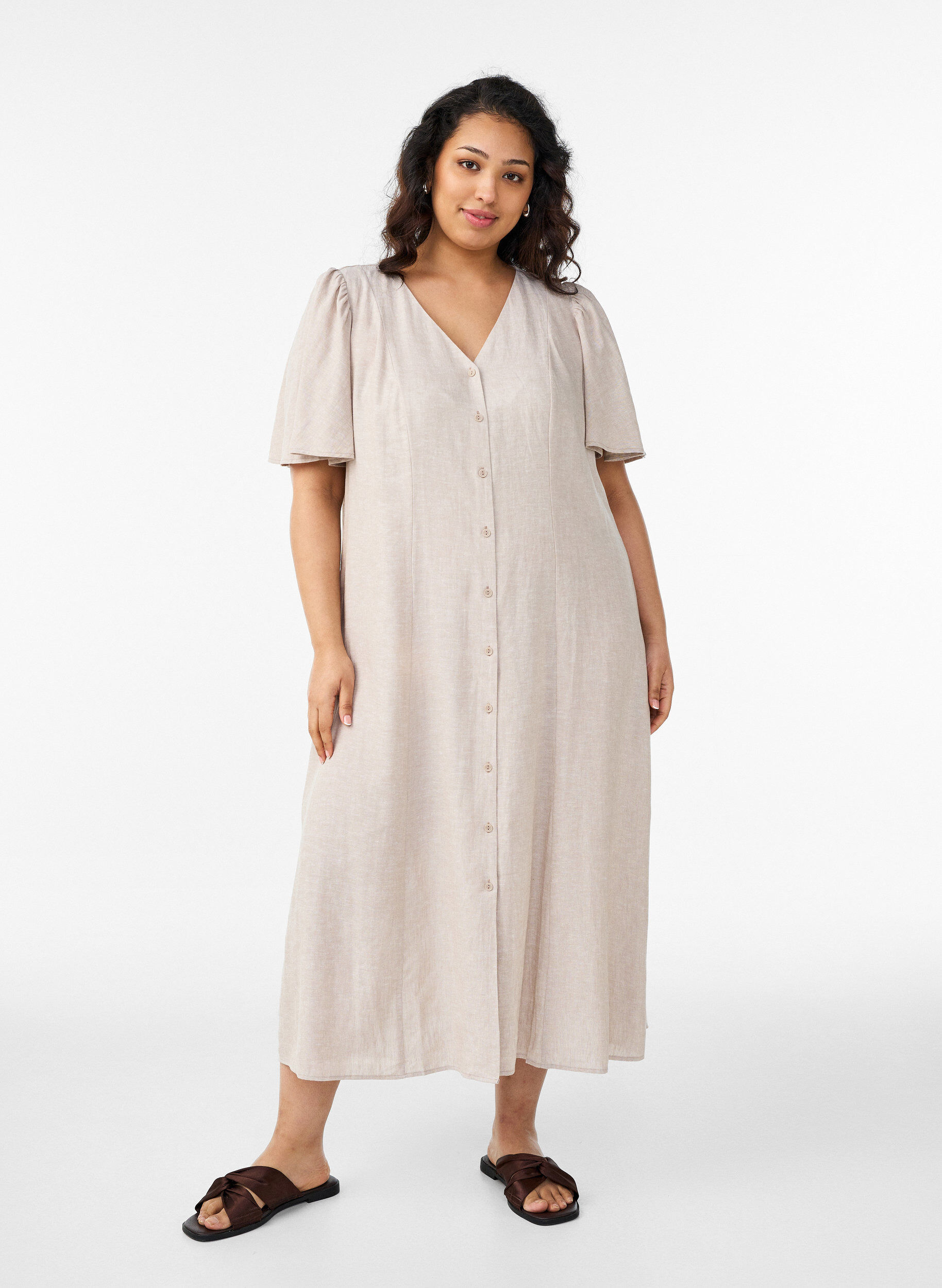 Midikl&auml;nning i linne och viskos med volang&auml;rmar, Beige, Model
