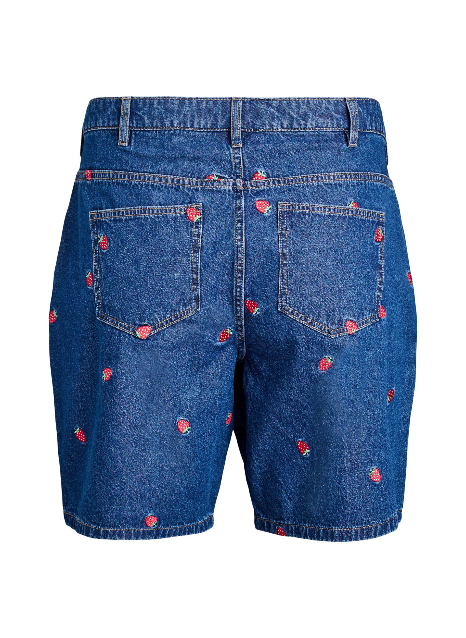 ZizziJeansshorts med broderade jordgubbar, Bl&aring;, Packshot image number 1