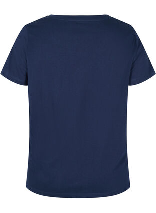 T-shirt i ekologisk bomull och v-ringning med snörning, Navy Blazer, Packshot image number 1