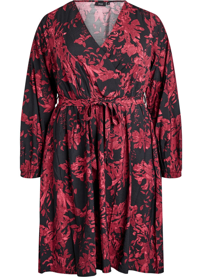 Knälång klänning med knytskärp och omlottlook, Svart, Packshot image number 0