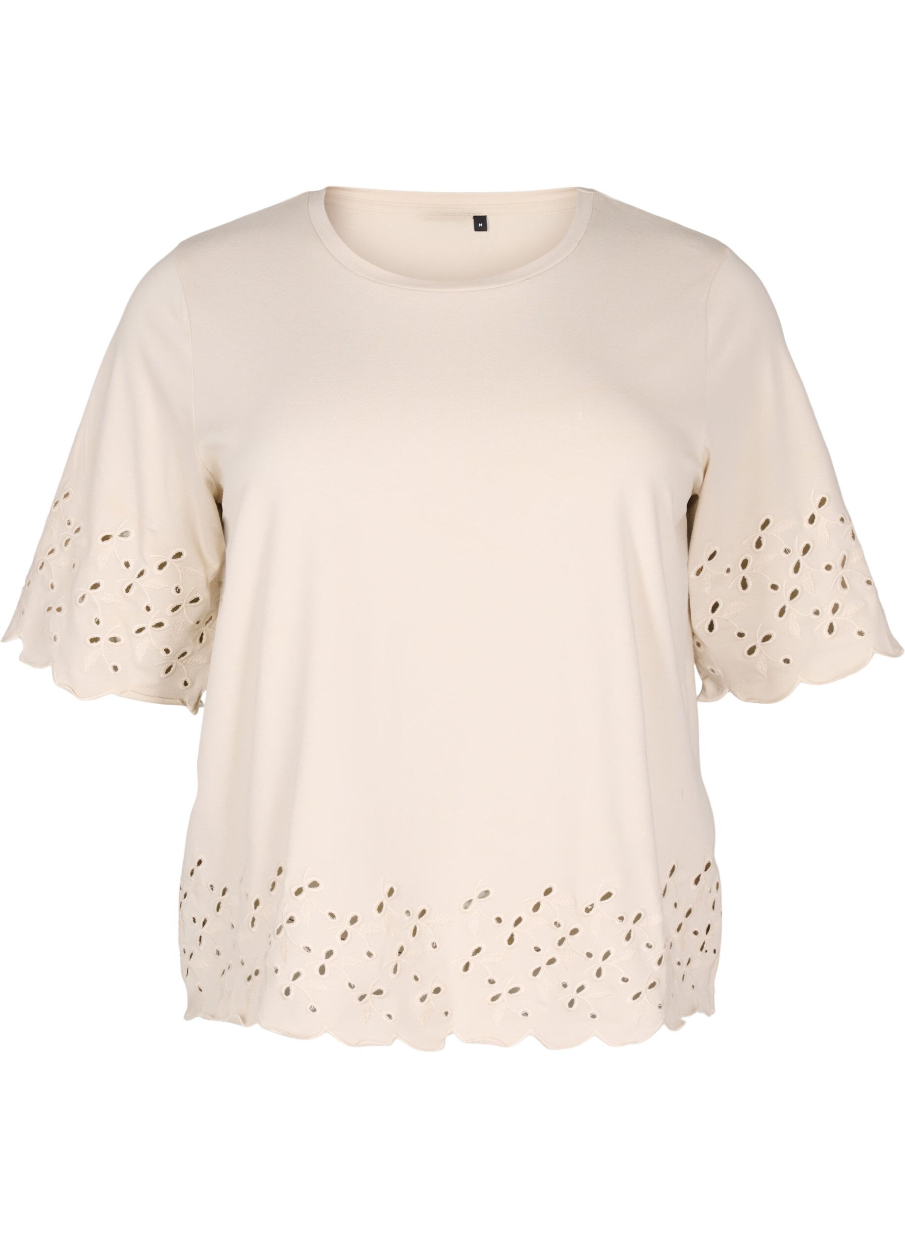 Zizzi T-shirt med broderie anglaise och skulpterade kanter, Beige, Packshot image number 0