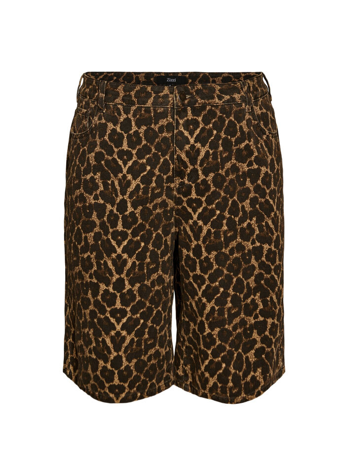 Leopardm&ouml;nstrade jeansshorts i bermuda-modell, Brun, Packshot image number 0