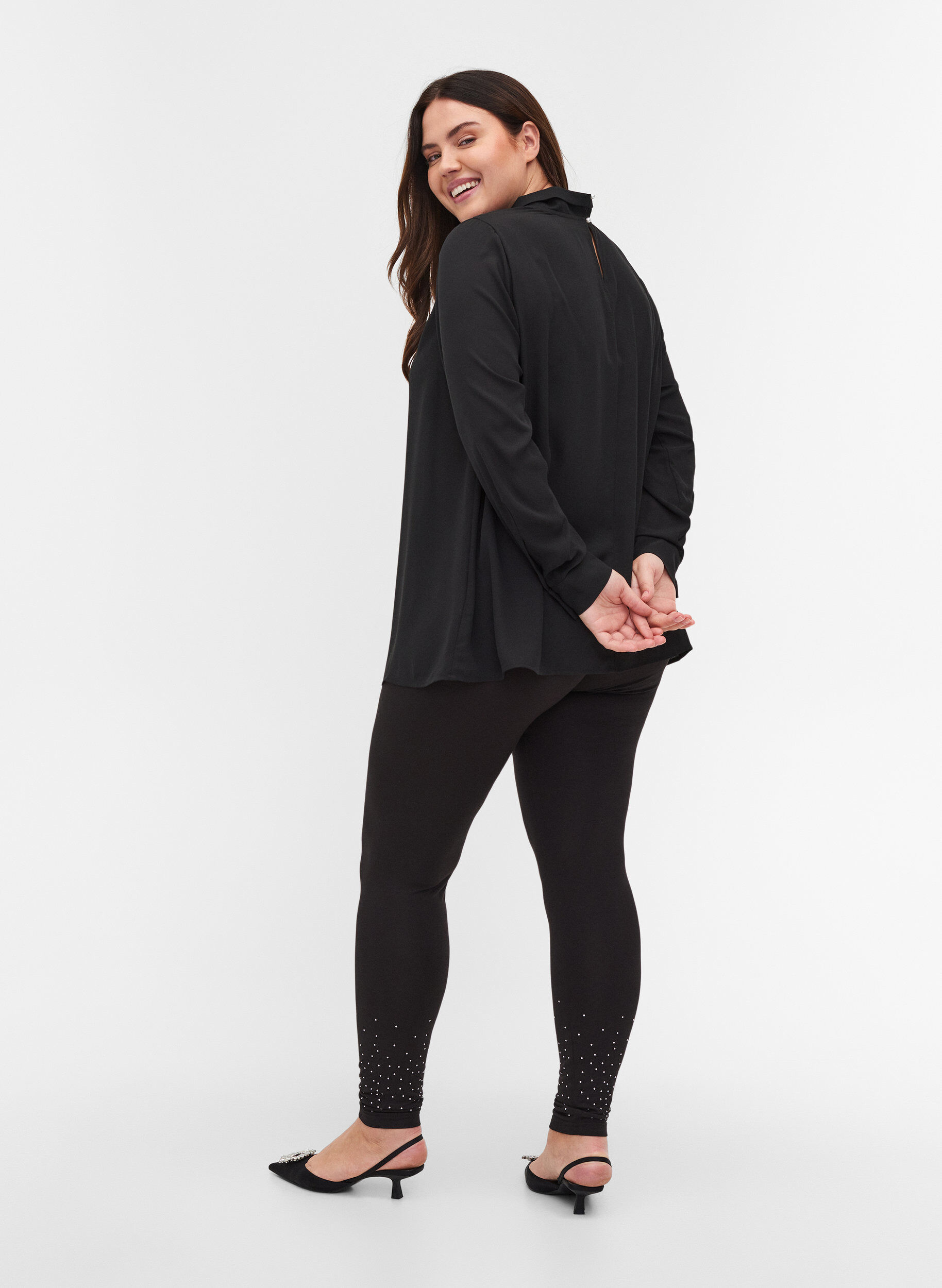 Zizzi Leggings i viskosmix med dekorativa stenar, Black, Model image number 1