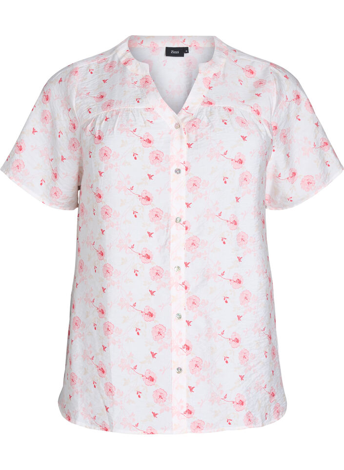 Skjortblus med korta ärmar och blommönster, Rosa, Packshot image number 0