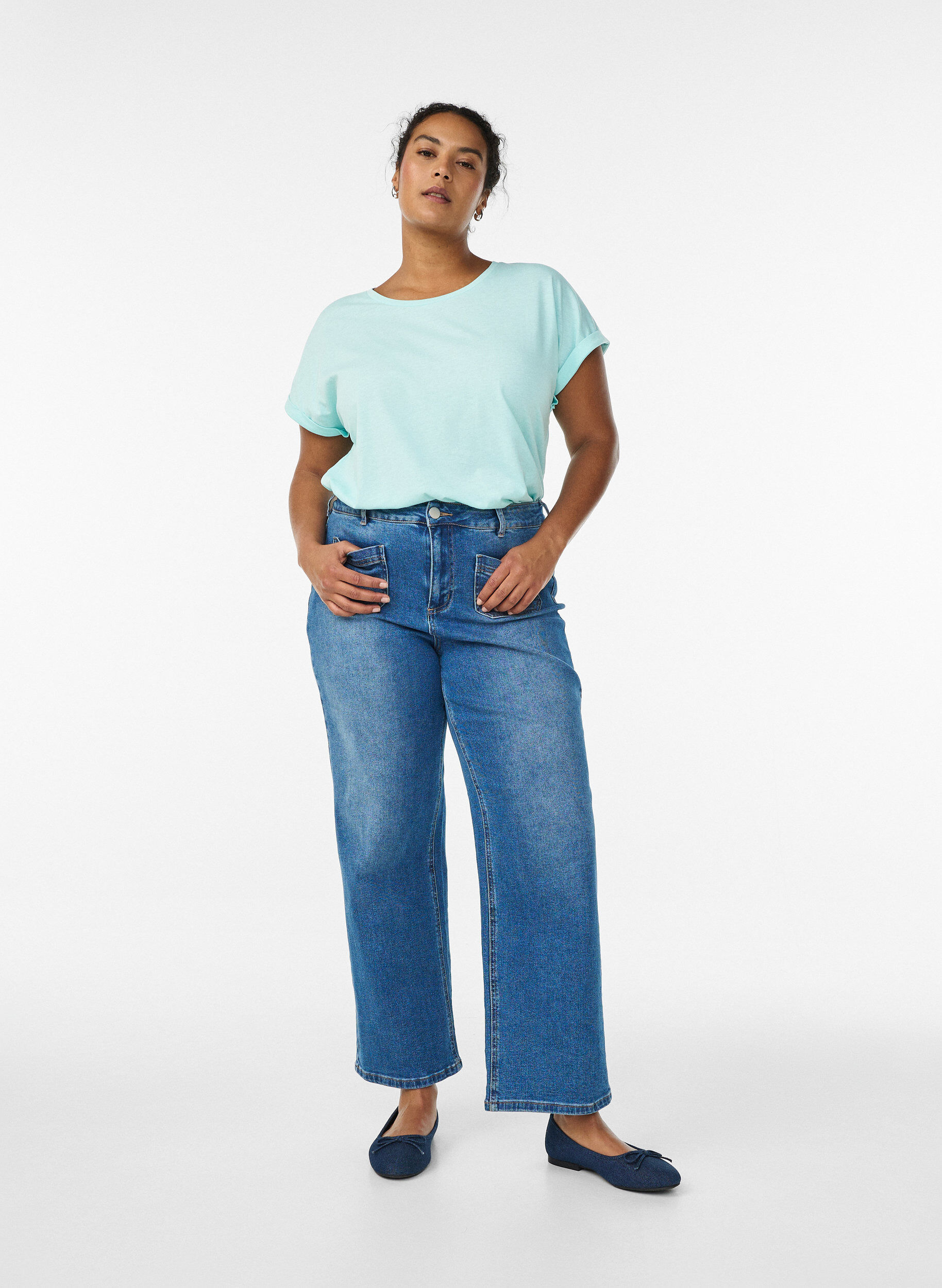 ZizziKort&auml;rmad t-shirt i bomullsmix, Turkos, Model image number 1