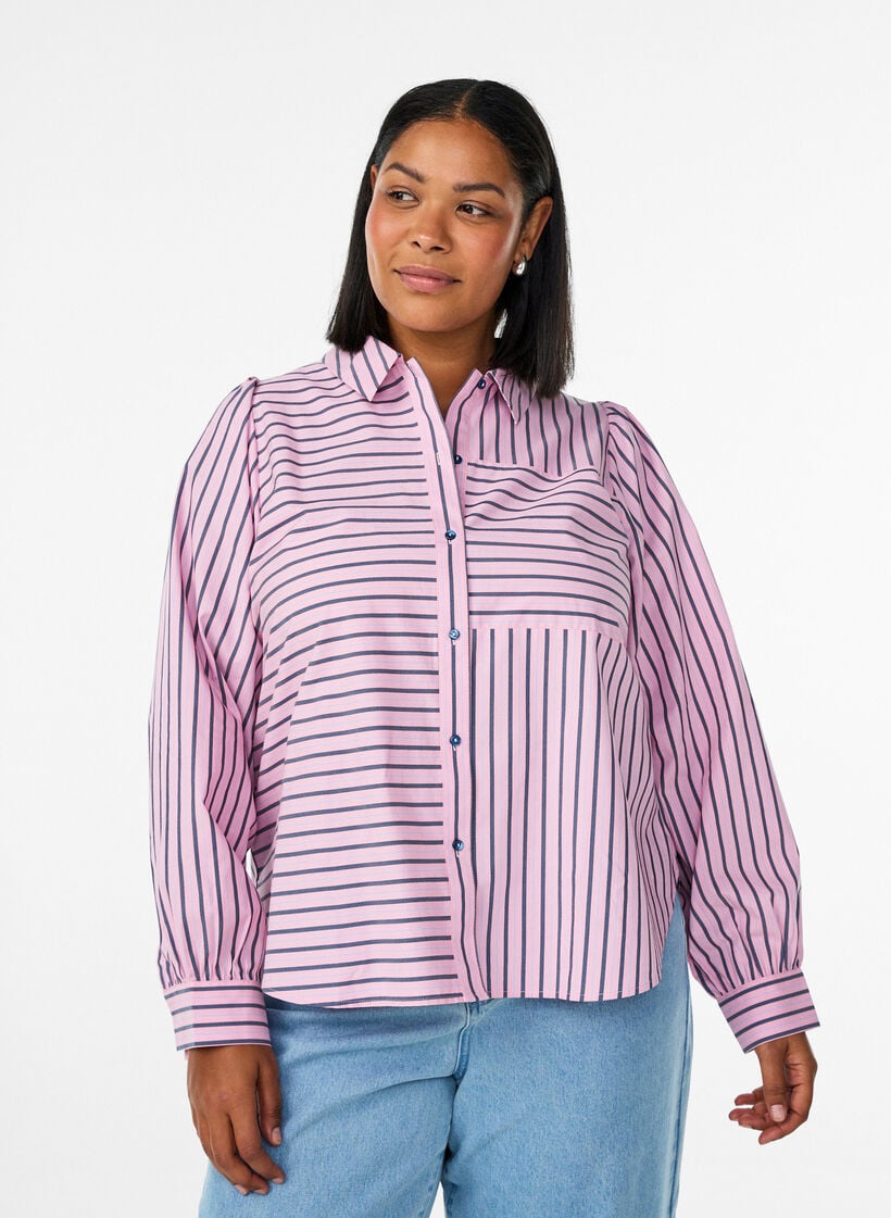 Randig skjorta med klassisk krage och l&aring;nga &auml;rmar, Rosa, Model image number 0
