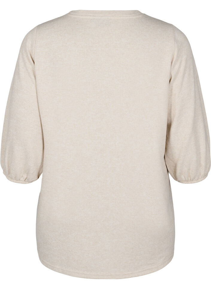 Blus med blommigt broderi och 3/4-ärmar, Oatmeal Melange, Packshot image number 1