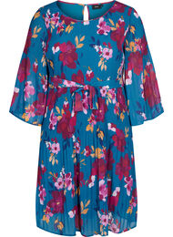 Plisserad klänning med mönster och knytband, Blue Coral Flower