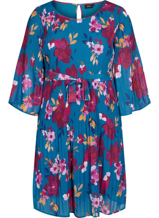 Mönstrad plisserad klänning med knytband, Blue Coral Flower, Packshot image number 0