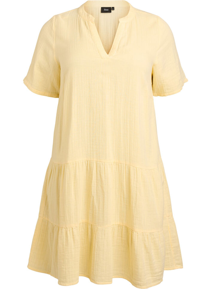 Kort a-linjeformad kl&auml;nning i bomullsmuslin, Gul, Packshot image number 0