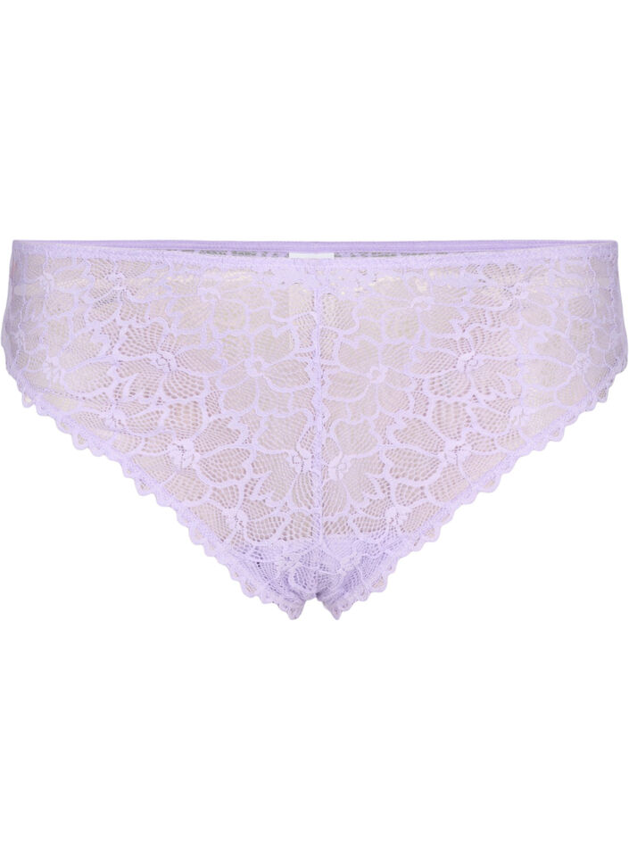 Stringtrosor i blommig spets med normalh&ouml;g midja, Lila, Packshot image number 0