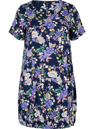 Kortärmad viskosklänning med mönster, Blue Flower AOP, Packshot image number 0