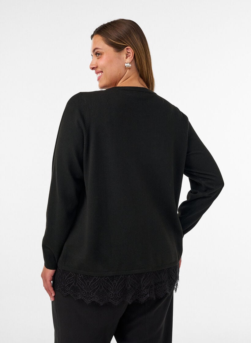Cardigan med bred spetskant, Svart, Model image number 2