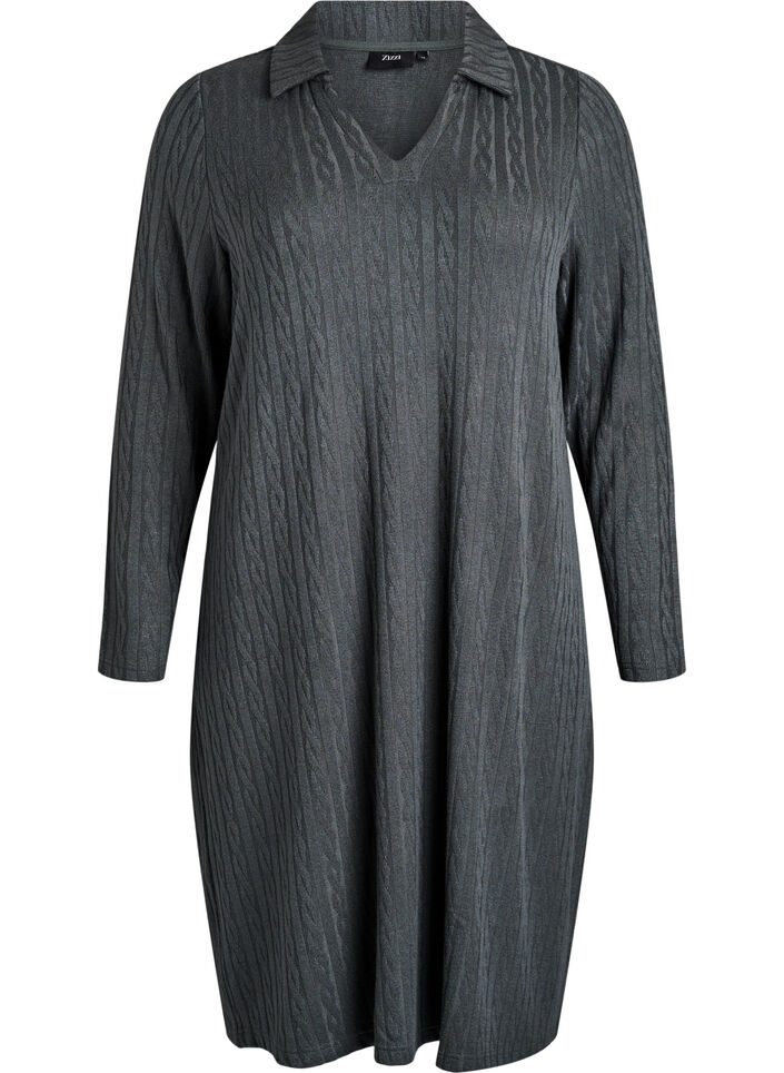 Kabelstickad klänning med v-ringning, Grön, Packshot image number 0