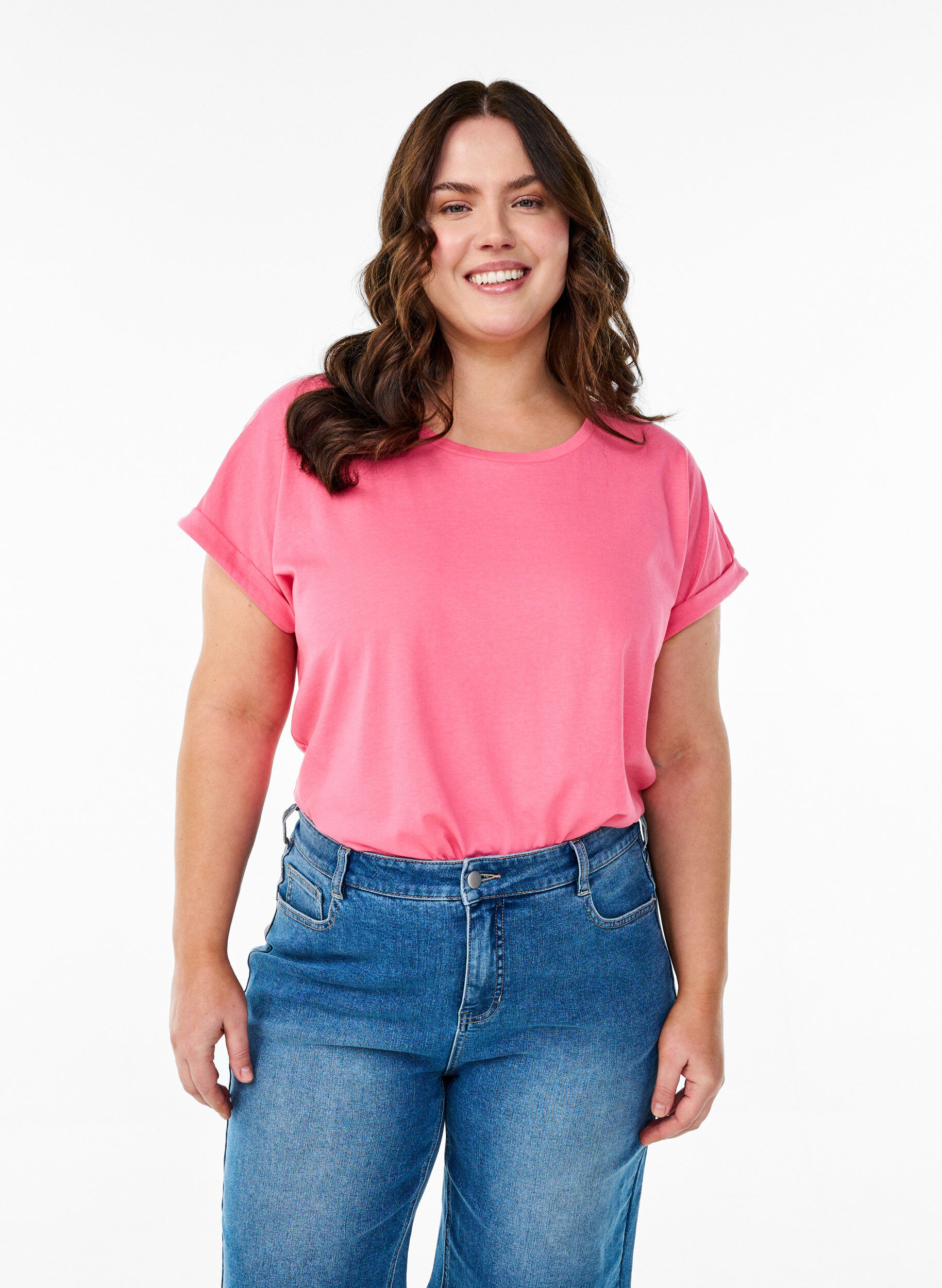 ZizziKort&auml;rmad t-shirt i bomullsblandning, Rosa, Model image number 0