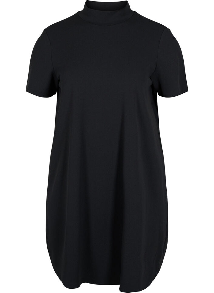 Kortärmad klänning med hög krage, Black, Packshot image number 0