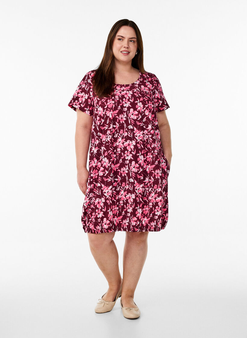 Kortärmad bomullsklänning med tryck, Mörk Bordeaux, Model image number 1
