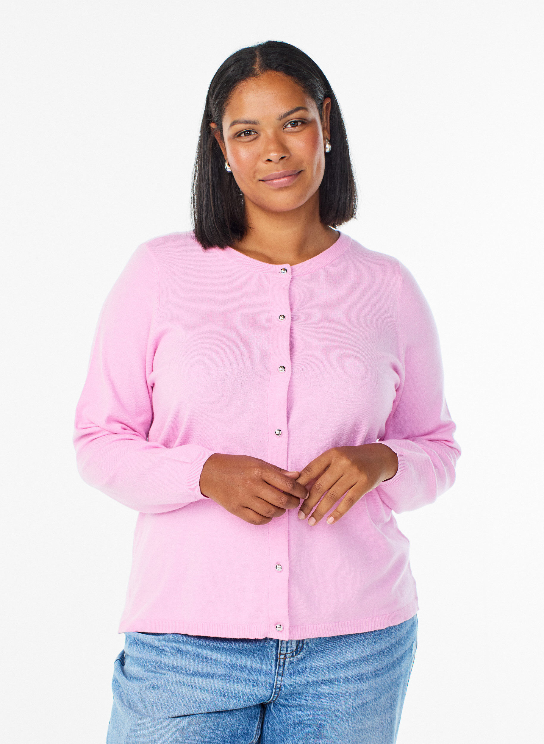 ZizziCardigan med runda knappar, Rosa, Model image number 0