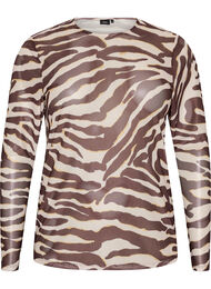 Blus i mesh med tryck, Brun