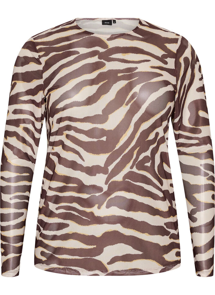 Blus i mesh med tryck, Brun, Packshot image number 0
