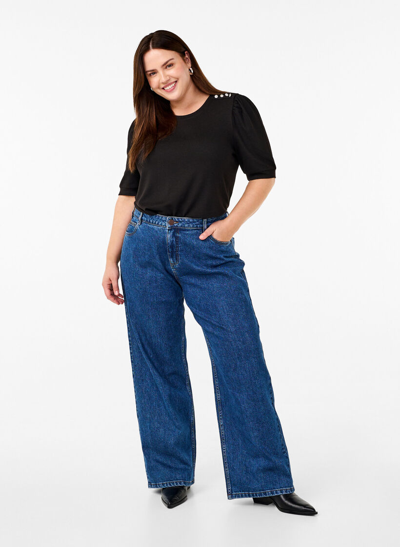 Blus med knappdetalj och korta puffärmar, Svart, Model image number 1