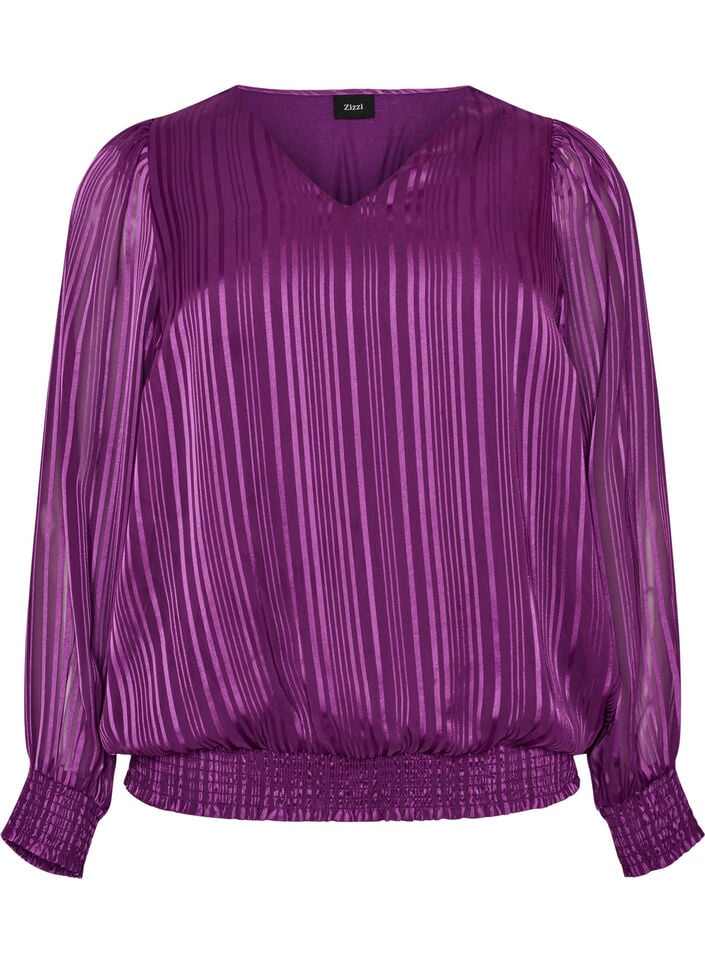 Randig blus med ballongform, Lila, Packshot image number 0
