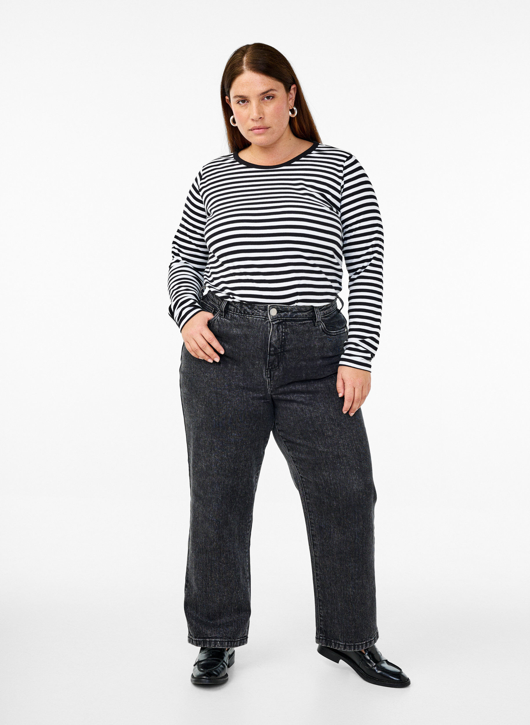 ZizziRandig blus med l&aring;nga &auml;rmar, Svart, Model image number 1