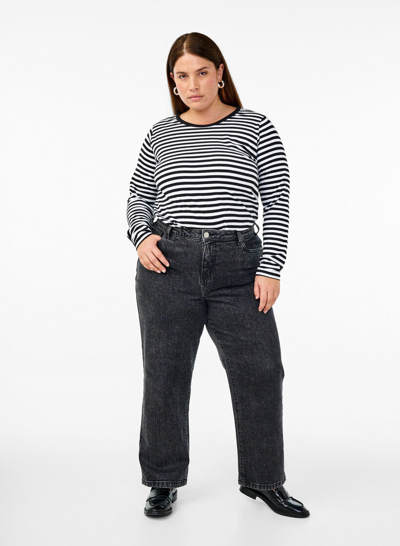 Randig blus med l&aring;nga &auml;rmar, Svart, Model image number 1