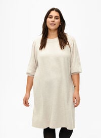 Stickad klänning med trekvarts puffärmar, Pumice S./White Mel., Model