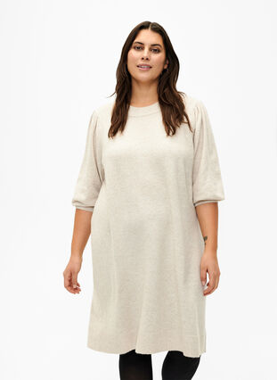 Stickad klänning med trekvarts puffärmar, Pumice S./White Mel., Model image number 0