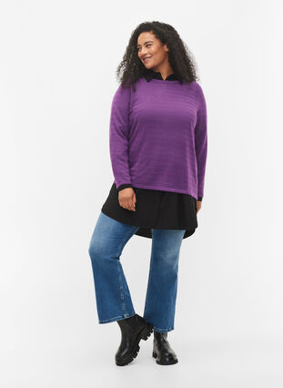 Stickad tröja med struktur och rund hals, Amaranth Purple, Model image number 2