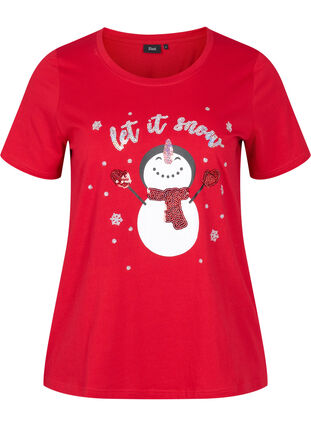 T-shirt med julmotiv i bomull, Tango Red Snowman, Packshot image number 0