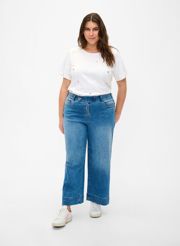 Croppade jeans med vida ben, Blue denim, Model image number 0