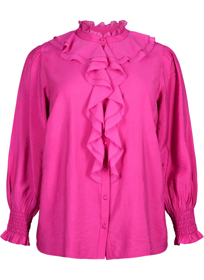 Skjortblus med volanger i viskos, Rose Violet, Packshot image number 0