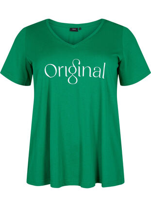 V-ringad t-shirt i bomull med texttryck, Jolly Green ORI, Packshot image number 0
