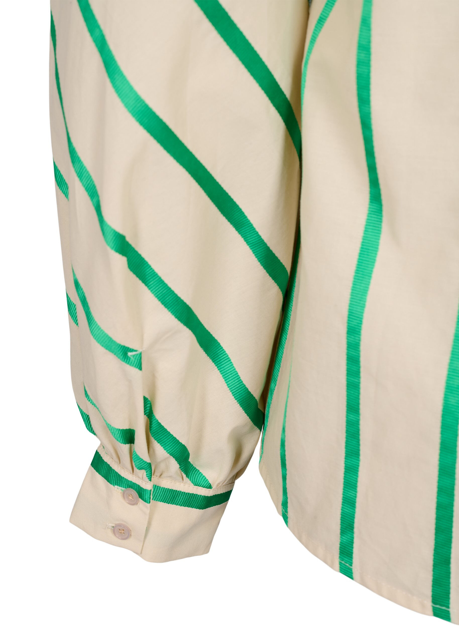 Zizzi Randig blus av bomullskjortmodell med volangkrage, Beige Green Stripe, Packshot image number 3