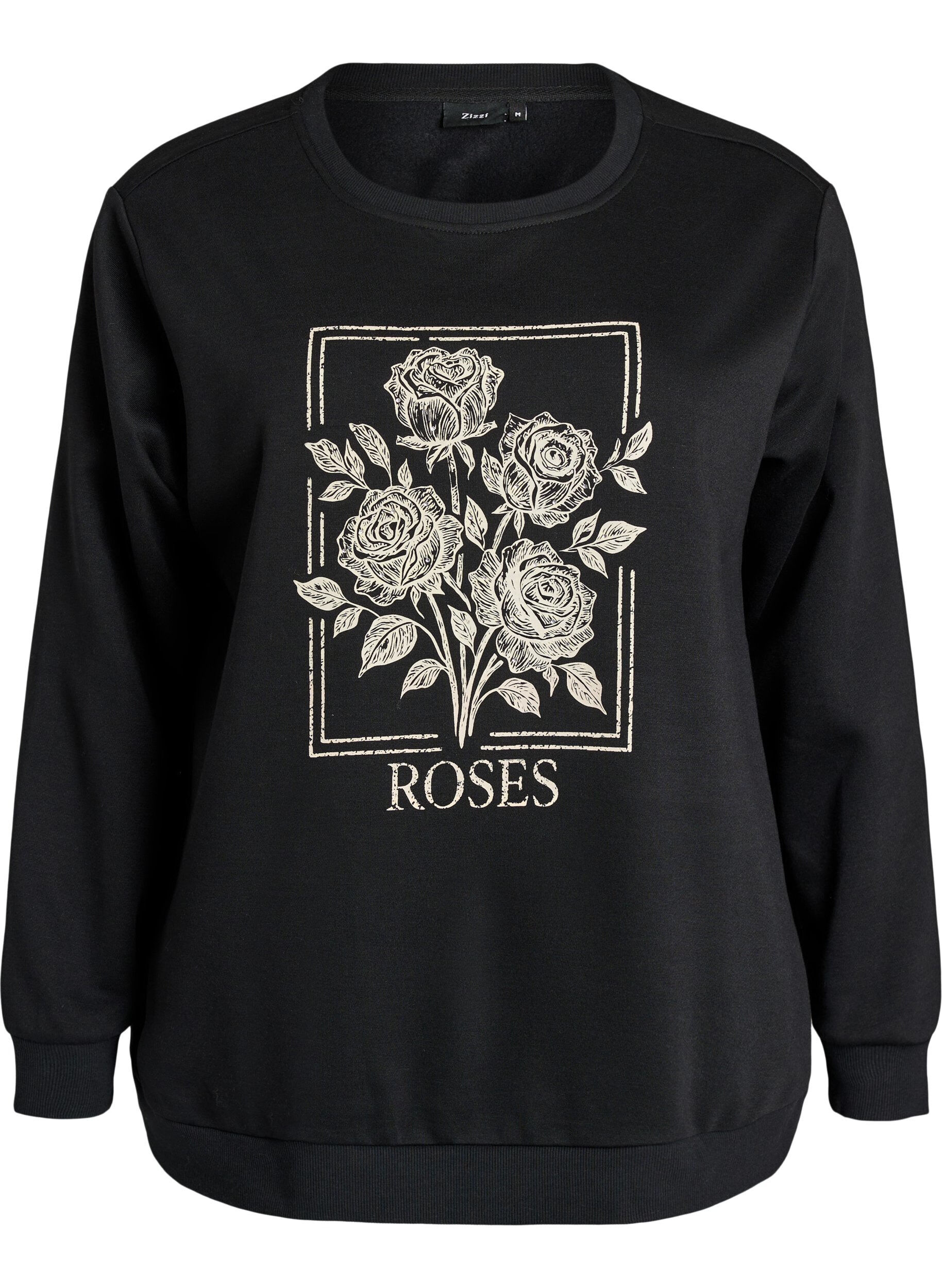 ZizziSweatshirt med rosentryck och strass, Svart, Packshot image number 0